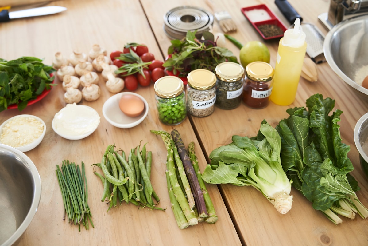 Smart meal preparation workspace with organized containers and fresh ingredients
